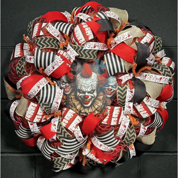 Halloween Wreath For Front Door Scary Clown Wreath Handmade 22 inch - Picture 2 of 8